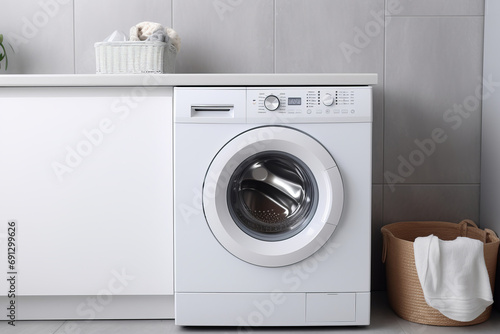 Wallpaper Mural Laundry room interior displays a clothes washing machine. Hygiene is AI Generative in this space. Torontodigital.ca