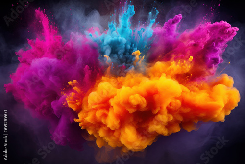 An explosion of vibrant colored powder against a dark backdrop. The burst of colors is AI Generative.