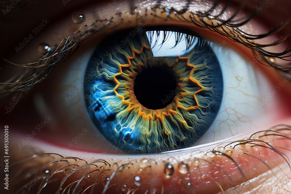 The beauty and precision of a close-up blue eye convey the concept of perfect vision and a healthy life. AI Generative emotion in focus. - obrazy, fototapety, plakaty 