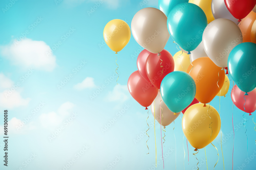 A closeup of a bunch of balloons floating in the sky, creating a bright and happy birthday atmosphere. AI Generative. A closeup of a bunch of balloons floating in the sky, creating a bright and happy birthday atmosphere. AI Generative.