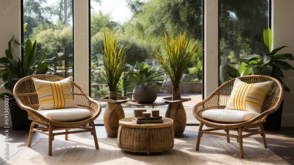 Tribal Circle: Wicker Chairs Around Tribal Rug Tribal Circle: Wicker Chairs Around Tribal Rug