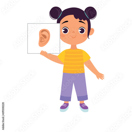 Little Girl Holding Card with Ear Body Part Vector Illustration photo