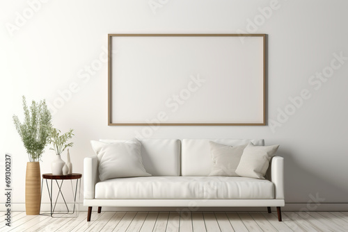 Elegant living room with a white sofa and a mock-up frame poster. Minimalist Scandinavian interior in a modern and comfortable style. This description is AI Generative.