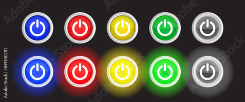 Glowing neon Power button icon isolated on white background. Blue, Red, Yellow, Green and White Color glowing power on or off circle button. Vector Illustration photo