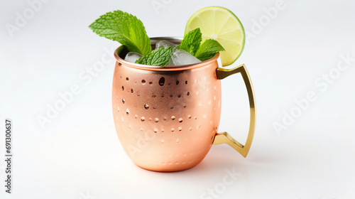 Refreshing Moscow Mule Cocktail in a Clear Glass on White Background - Cold Alcoholic Beverage with Lime and Ginger Beer for Summer Parties and Celebrations.