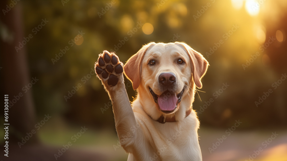 Yellow labrador dog giving high five. Happy and smiling outdoors. Yellow labrador dog giving high five. Happy and smiling outdoors.