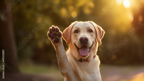 Yellow labrador dog giving high five. Happy and smiling outdoors. photo