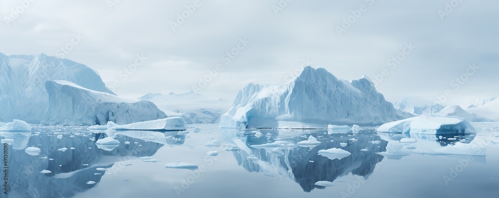 ice artic or antartic sea landscape with glaciers floating, nature wallpaper background