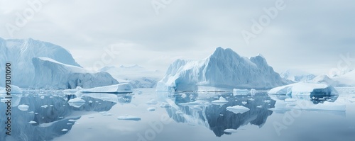 ice artic or antartic sea landscape with glaciers floating, nature wallpaper background © Alan
