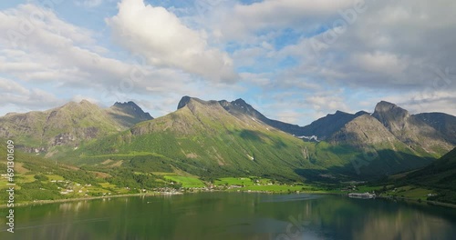 Wide angle aerial view of stunning Scandinavian landscape and Fjord photo