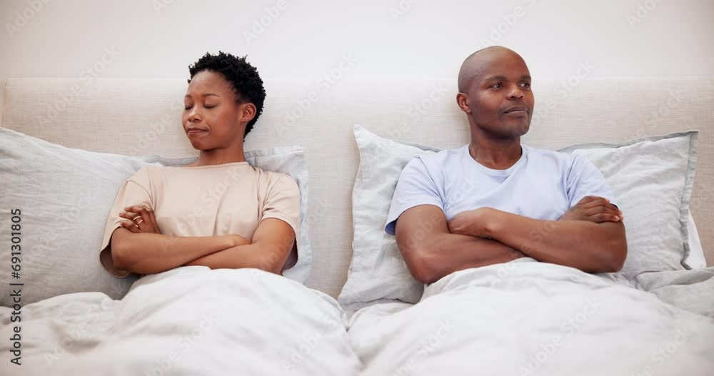 Black couple, fight and ignore in bedroom, conflict or marriage crisis together in home. Divorce, man and woman in bed, problem or frustrated at relationship, fail or angry at cheating, stress or sad Black couple, fight and ignore in bedroom, conflict or marriage crisis together in home. Divorce, man and woman in bed, problem or frustrated at relationship, fail or angry at cheating, stress or sad