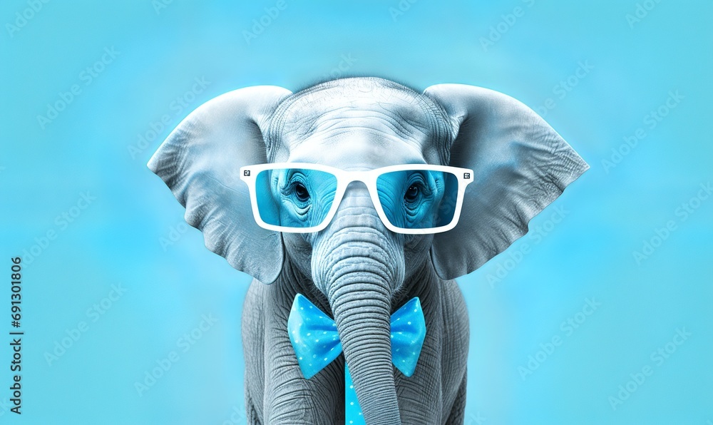 a bright baby blue elephant with glasses on the baby blue background - obrazy, fototapety, plakaty 