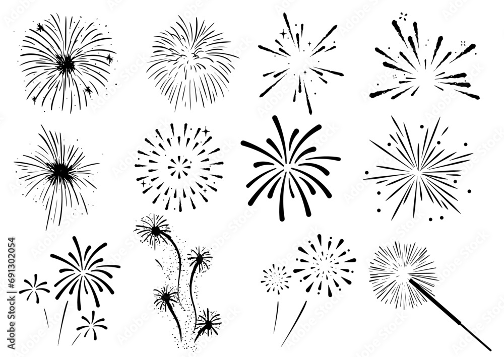 set of Firework simple black line icons isolated on white background