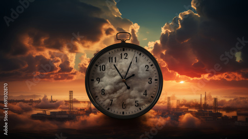 Air pollution: old clock that is broken picture industrial factory emitting pollution It means time is running out. If we continue to release pollutants, atmosphere the earth will be destroyed