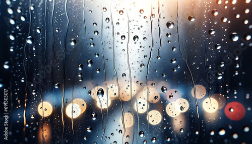Reflective Raindrops on Glass with Blurred City Night Lights