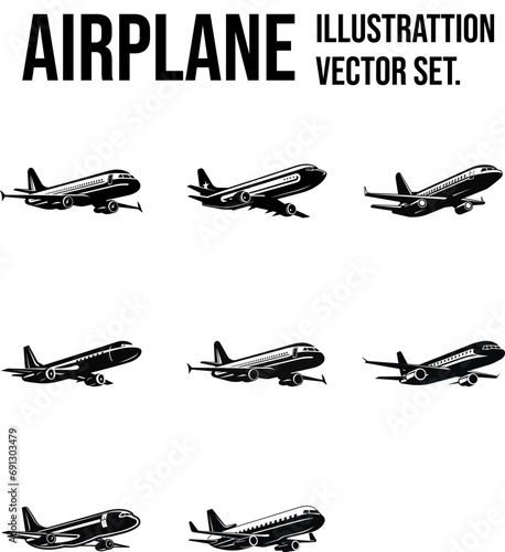 "Dynamic Set of 8 Airplane Pictograms, Each Vector Skillfully Crafted to Display a Range of Aircraft Designs, Showcasing Innovation and Flight."