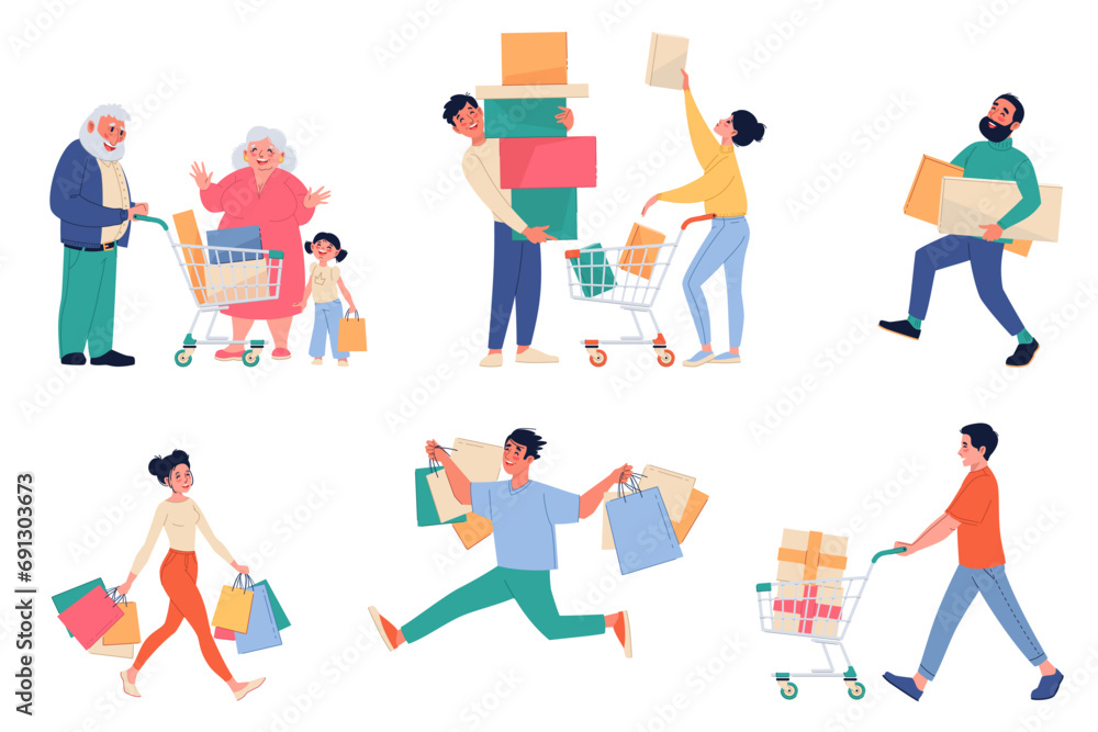 Happy people on shopping. Male and female characters with packages, boxes and carts, buying goods, chasing sales and discounts, buying gifts and presents cartoon flat isolated vector set Happy people on shopping. Male and female characters with packages, boxes and carts, buying goods, chasing sales and discounts, buying gifts and presents cartoon flat isolated vector set