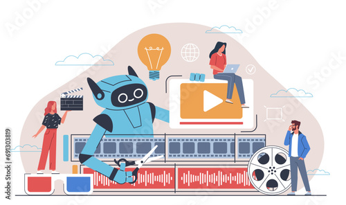 Human and ai collaboration. Self learning computer system makes video editing with people. Artificial intelligence for edit video and audio. Cartoon robot cuts frames, nowaday vector concept