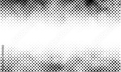 Halftone pixelated gradient background. Faded square particles texture. Dissolving grunge noise wallpaper. Horizontal halftone vector backdrop