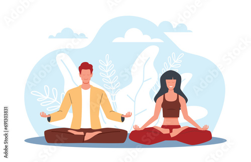 Man and woman do yoga and meditate together. Calm people sitting in lotus position. Balance, serenity and relaxation. Harmony and mindfulness. Healthy lifestyle. Cartoon flat vector concept