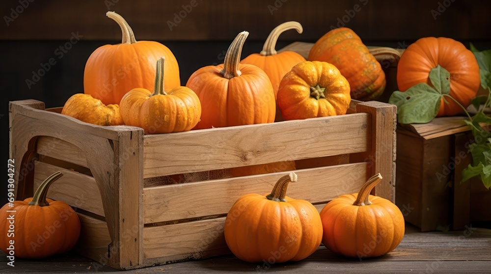 A Fresh ripe pumpkins in wooden crates on sorting background, water droplets on the surface, fresh harvest concept.