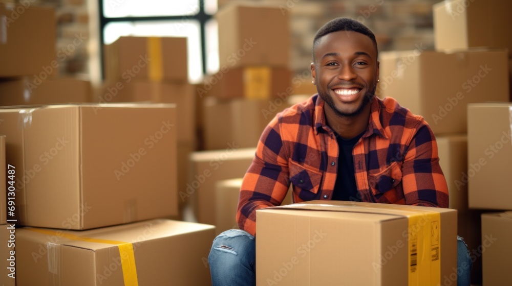Portrait of happy african american man sitting among boxes in warehouse Portrait of happy african american man sitting among boxes in warehouse
