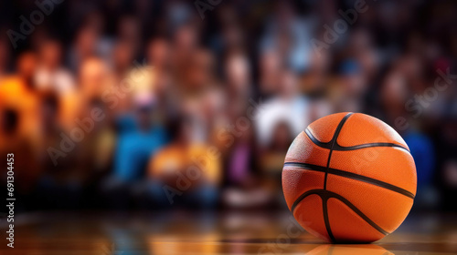 Basketball ball on the floor with blurred people in the background. © red_orange_stock