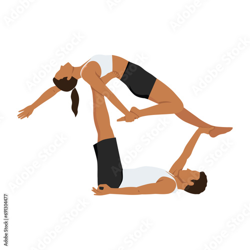 Young couple doing acro yoga. Acro yoga concept. Pair yoga. Yoga flexibility class workout. Flat vector illustration isolated on white background