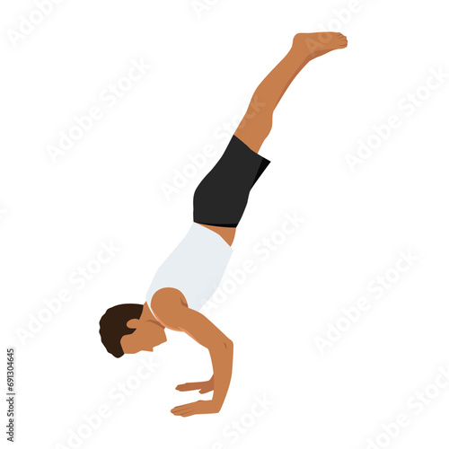 Young man practicing yoga handstand exercise. Flat vector illustration isolated on white background