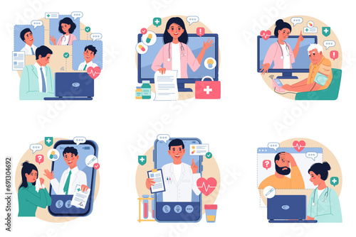 Telemedicine. Remote medical treatment, online consultations, healing process digital monitoring, doctors and patients chat. Pharmacy care, mobile clinic cartoon flat isolated vector set