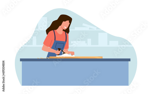 Woman uses planer to work on wooden planks. Female craftsman carpenter in overall carving on wood. Joiner with construction equipment making furniture cartoon flat isolated vector concept