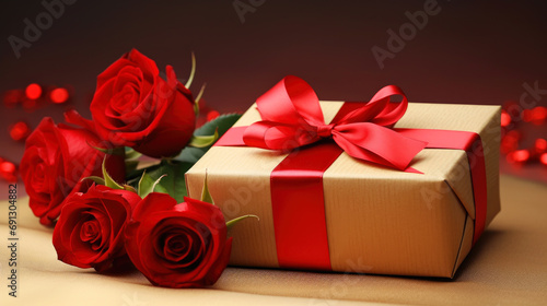 Roses flower and gift box with ribbon. Valentines Day background