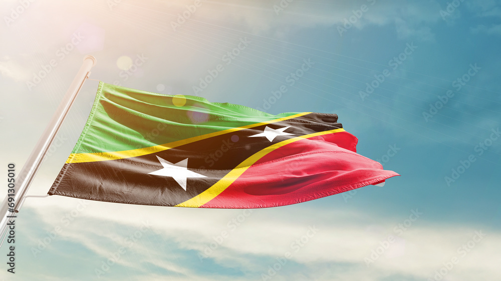 Saint Kitts and Nevis. national flag cloth fabric waving on the sky - Image