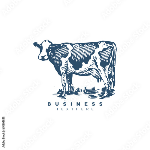 Dairy farm cow logo design, Vintage retro hand drawn cow farmer vector art
