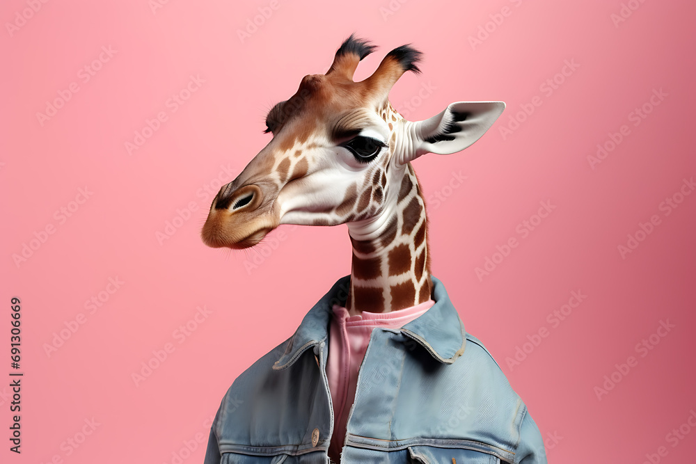 anthropomorphic giraffe in a denim stylish jacket isolated on a pink background, wild animal person in human clothes - obrazy, fototapety, plakaty 