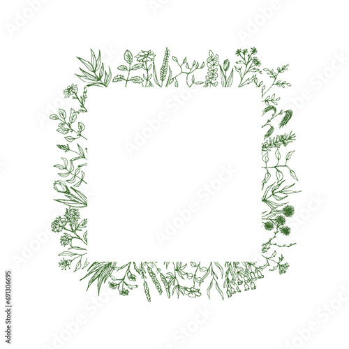 Square floral green frame. Foliage Holiday card with empty space. Floral background, Universal template. Floral hand drawn outlined twigs branches, eco background.