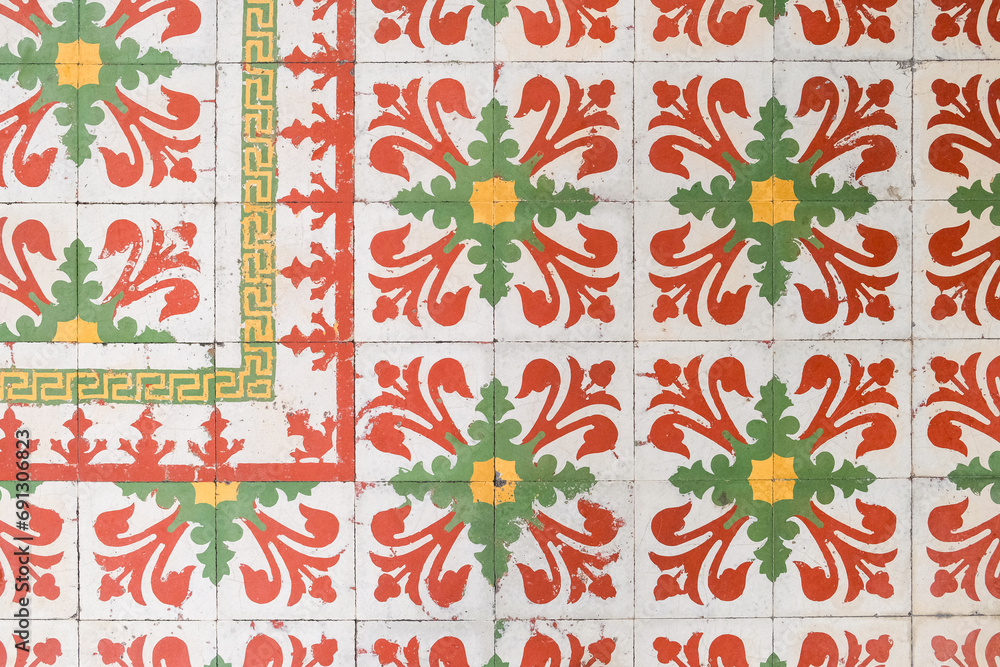 Detailed of the European mosaic tiles with geometry floral abstract pattern in the rain town of Taiping, Perak, Malaysia. Detailed of the European mosaic tiles with geometry floral abstract pattern in the rain town of Taiping, Perak, Malaysia.