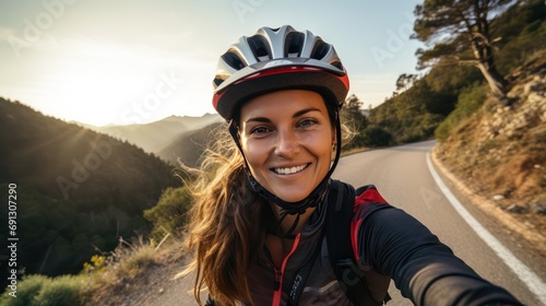 A beautiful female cyclist taking a selfie while cycling with pine trees and hills in the background. © Phoophinyo