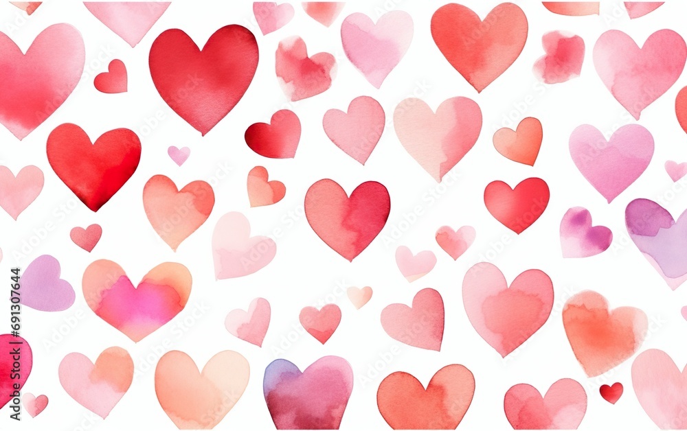 Seamless watercolor header with pink and red hearts