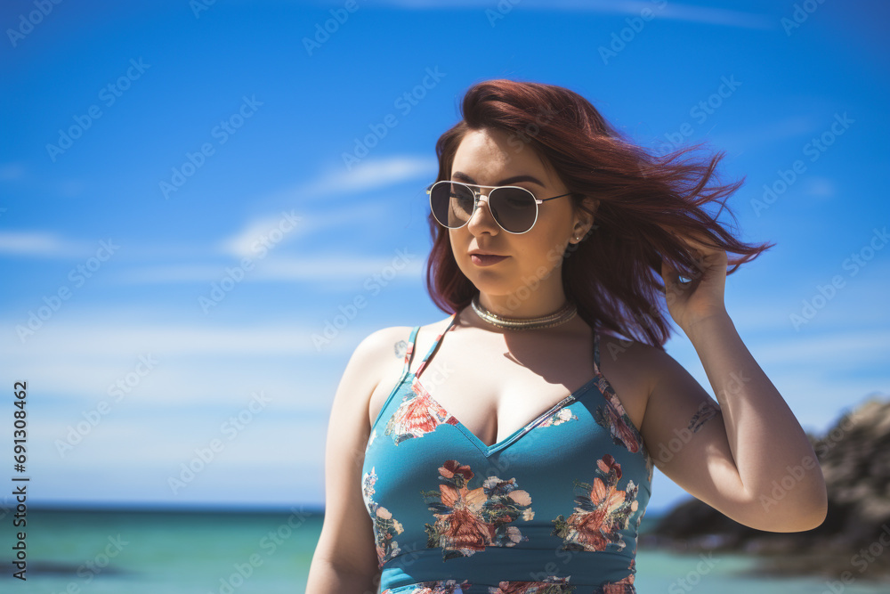 Confident Plus-Size Woman in Bikini Enjoying Beachside Serenity Confident Plus-Size Woman in Bikini Enjoying Beachside Serenity