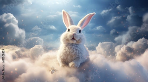 A white rabbit is sitting in the clouds © Maria Starus