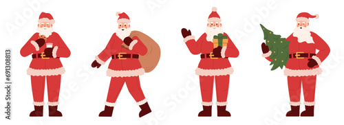 Set with Santa Claus in different poses. Santa walks with a bag of gifts, holds a Christmas tree, eats cookies, holds a gift. Hand drawn character in simple flat style. Christmas character for sticker