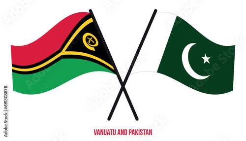 Vanuatu and Pakistan Flags Crossed And Waving Flat Style. Official Proportion. Correct Colors.