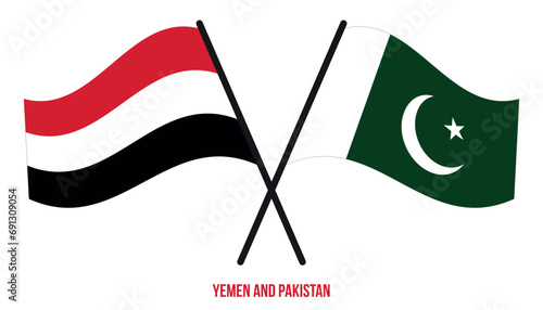 Yemen and Pakistan Flags Crossed And Waving Flat Style. Official Proportion. Correct Colors.