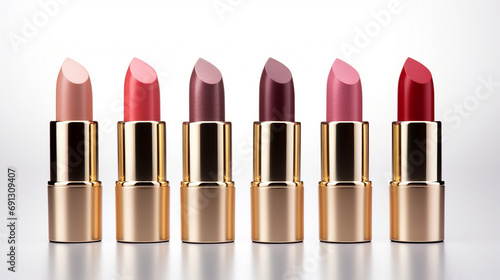 Elegance in Color: Vibrant Lipsticks Composition on Isolated White Background - Glamorous Beauty Products Showcase for Fashion Trends and Cosmetic Industry.
