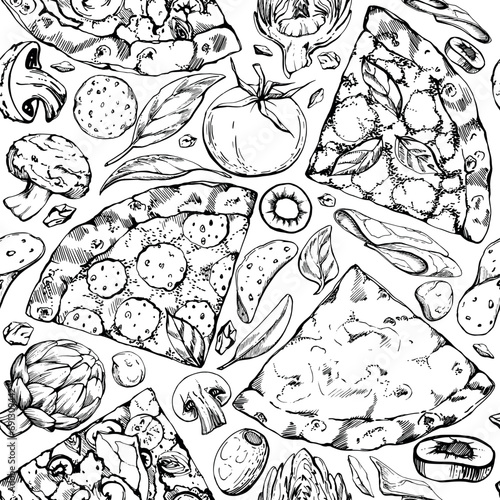 Hand drawn vector ink illustration. Pizza slice with toppings, traditional Italian cuisine meal. Seamless pattern isolated on white. Design restaurant menu, cafe, food shop or package, flyer, print.