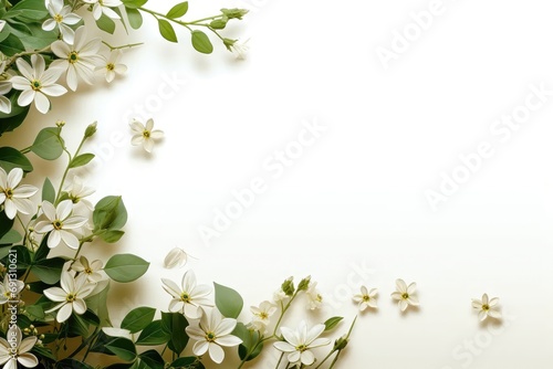 An abstract background for creative content featuring delicate white flowers, lush green leaves, and ample room for customization against a clean white background. Photorealistic illustration