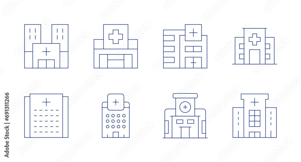 Hospital icons. Editable stroke. Containing hospital, hospital building, health.