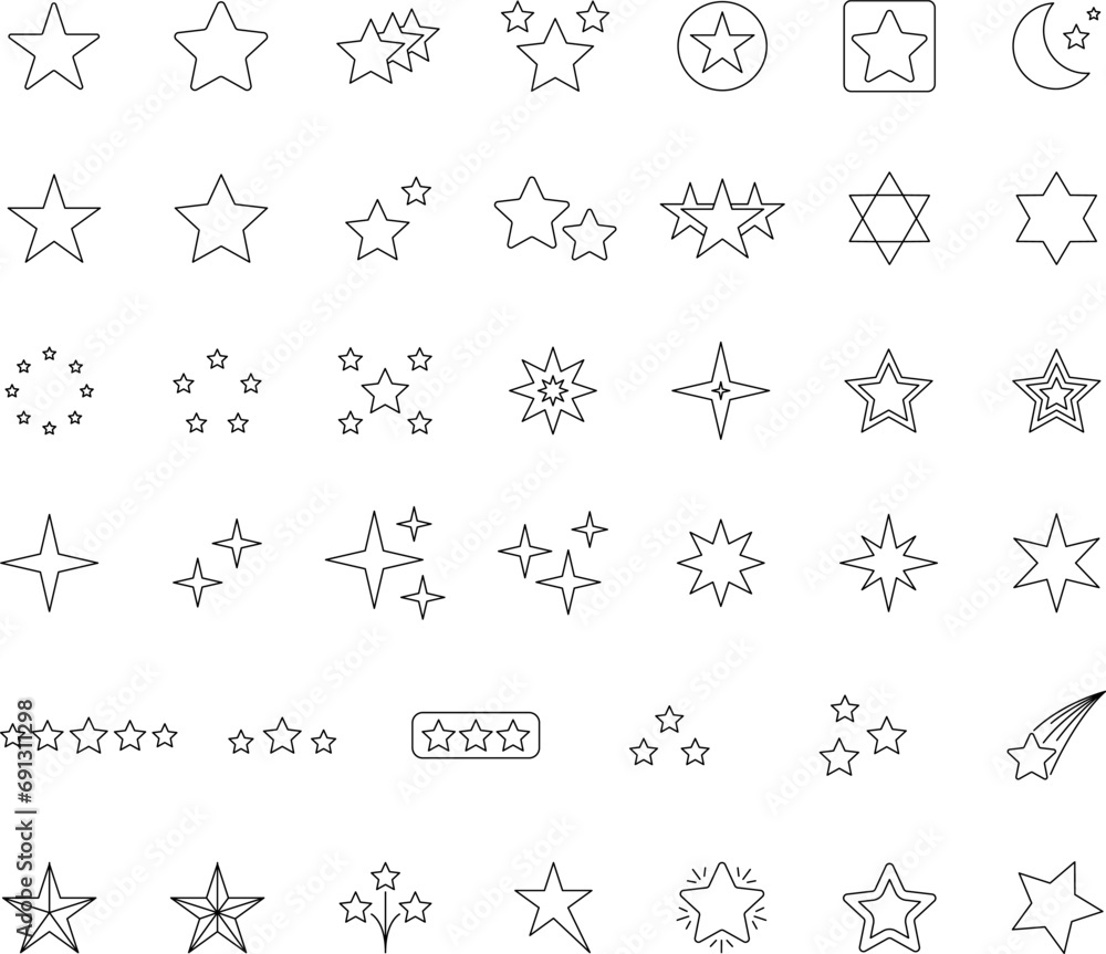 Stars line icons set. Rank, quality, shining sparkle, magic, favorite, logo, bright firework, falling, fantasy vector illustration.