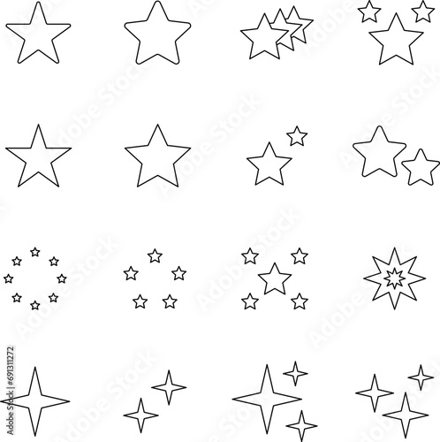 Stars line icons set. Rank, quality, shining sparkle, magic, favorite, logo, bright firework, falling, fantasy vector illustration.